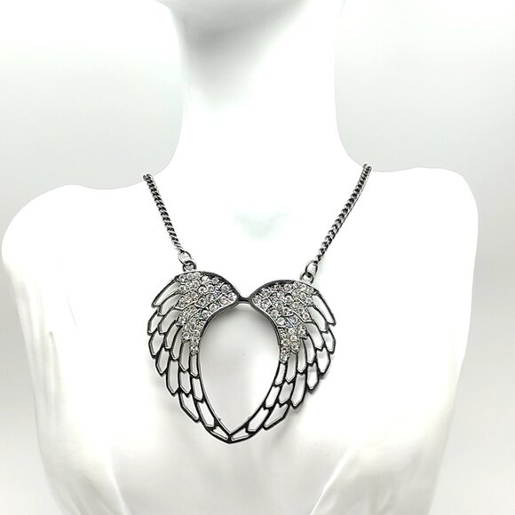 Rhinestone Angel Wing Open Heart Necklace Silver Tone Statement Pendant Chain - Picture 15 of 16
